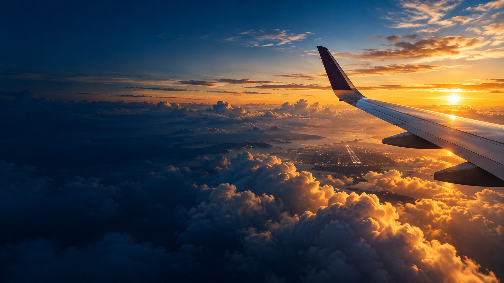 Airplane wing above sunlit clouds